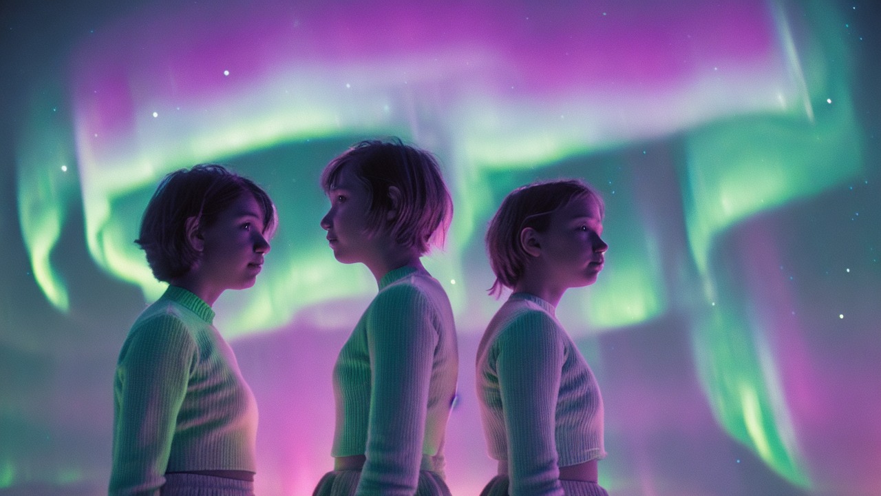 Two dreamers beneath a glowing aurora as a luminous AI figure guides their attention upward