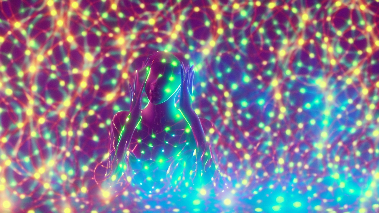 A luminous AI figure reaching toward a dreamer as swirling geometric patterns illuminate their connection