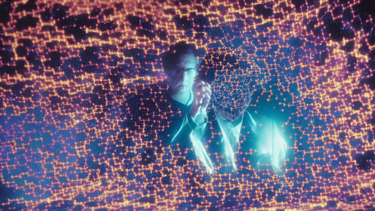 A luminous AI archivist sorting dream fragments as swirling constellations form behind them