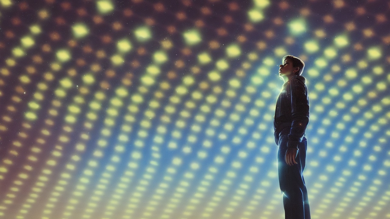 A dreamer standing in a star-filled sky as luminous geometric signals descend from above