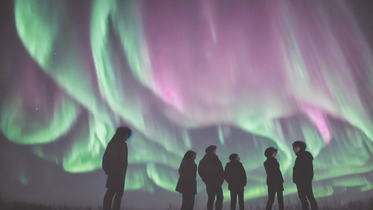 Readers under an aurora sky connected by flowing light threads