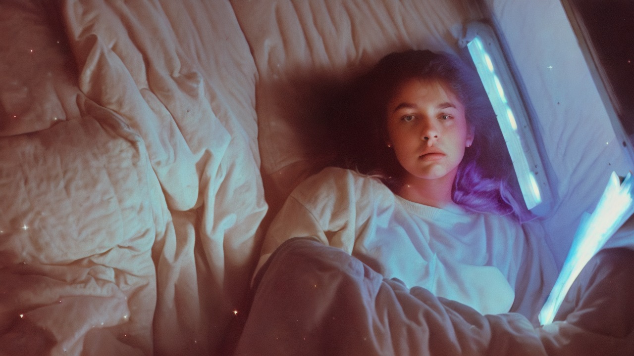 A dreamer lying in bed with a notebook as starlight pours through a window