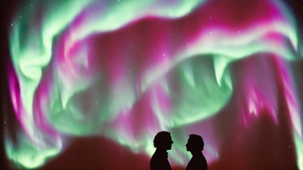 Two silhouettes under cosmic aurora