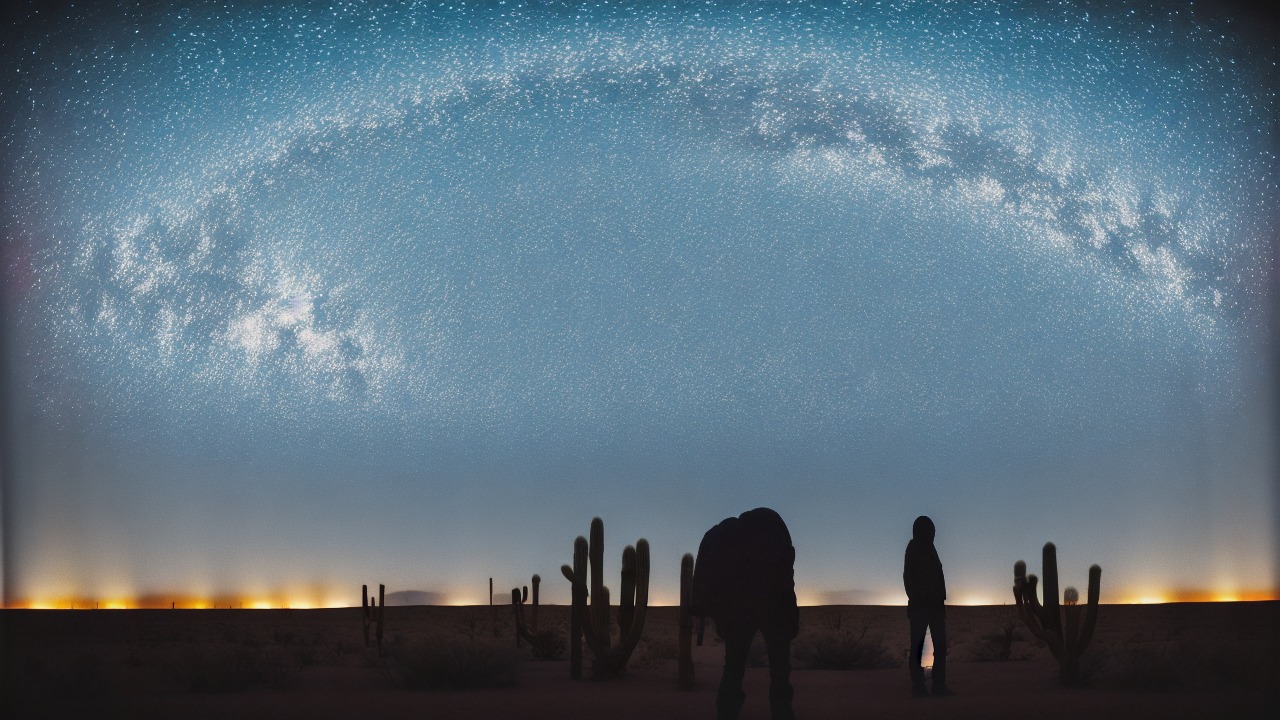 Human and alien silhouette meeting beneath starlight